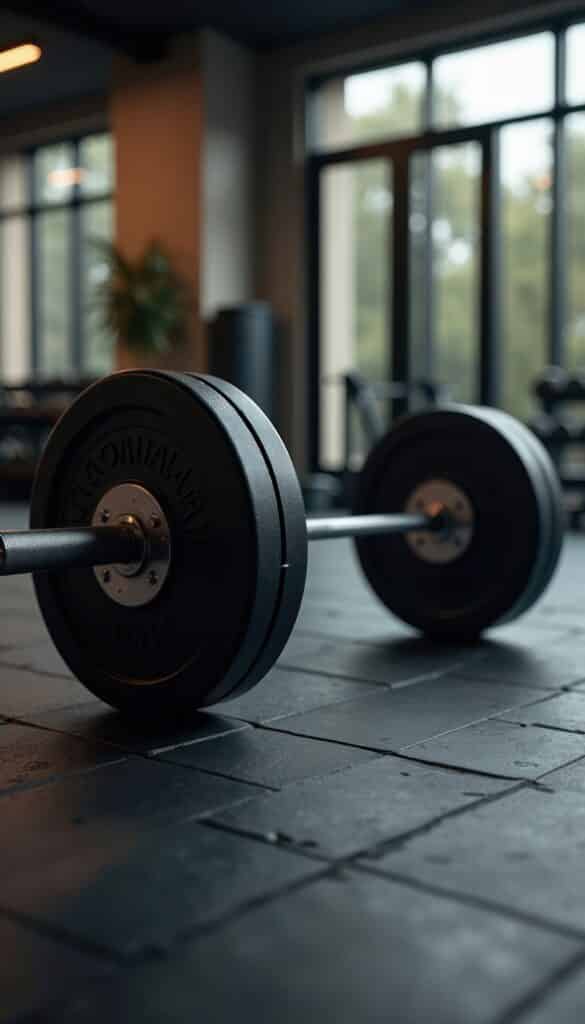 Barbell avec poids noir 'TON' sur sol de gym texturé. Lumière du jour éclaire la salle, équipement flou en arrière-plan.