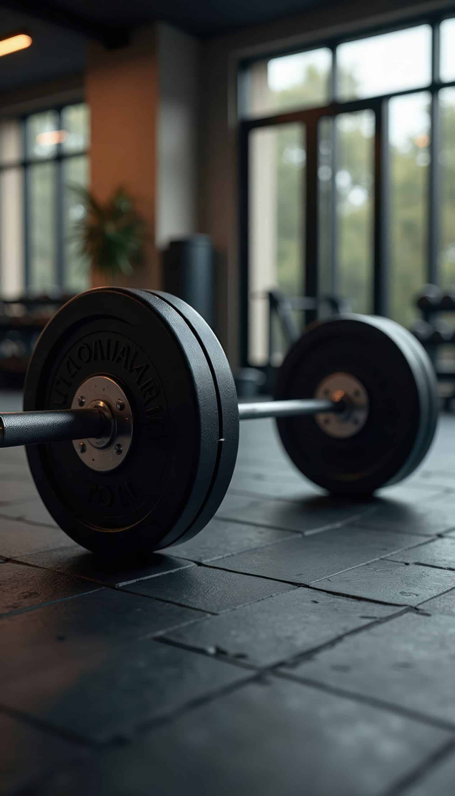 Barbell avec poids noir 'TON' sur sol de gym texturé. Lumière du jour éclaire la salle, équipement flou en arrière-plan.