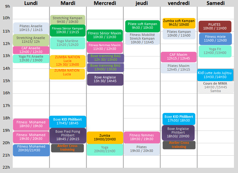 Planning hebdomadaire de cours de fitness et arts martiaux. Horaire détaillé du Lundi au Samedi, de 9h à 22h, incluant Pilates, Yoga, Zumba, Boxe, MMA et Cross Training.